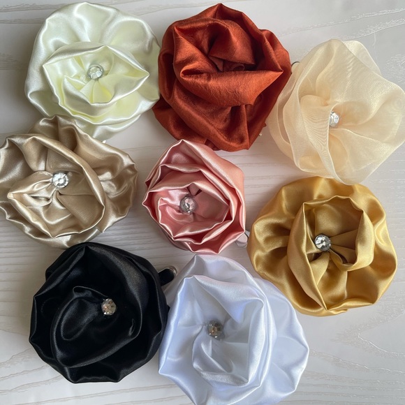 Pink Satin Flower Hair Clip With Rhinestone, Satin Flowers, Hair Clips - Picture 6 of 8